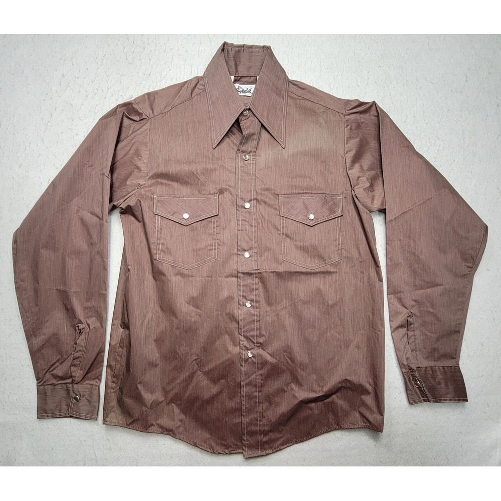 VTG 60s Woolrich Shirt Mens S Wood Grain‎ Brown Pearl Snap * Rain Shirt?